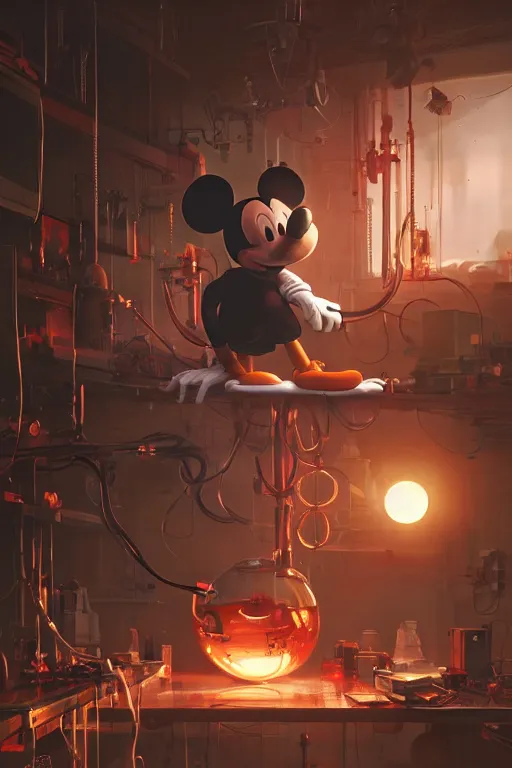 Image similar to bloody mickey mouse head lifted by claw, it is being fixed by few mechanics / workers in lab facility, made by beeple, cgsociety, artgerm, greg rutkowski, highly detailed intricate 4 k art, low light cinematic, octane render, unreal engine,