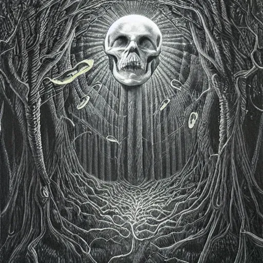 Image similar to skull valley, junji ito, zdzisław beksinski, hr giger, creepy, magic fireflies, mystical creepy