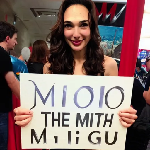 Image similar to Gal Gadot holding a sign that says M I T C H I E P O O !!!! as painted by Ralph Horsley