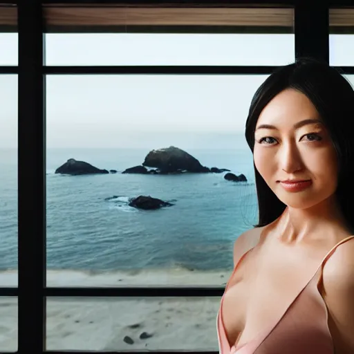 Prompt: dlsr portrait, a humanoid android robot of a beautiful woman made out of expensive high - end 8 0's japanese hi - fi equipment, inside the kitchen of a japanese influenced neo - midcentury modern futuristic villa, huge windows showing a rocky california shoreline at golden hour, 4 k, face enhance, ultra - detailed