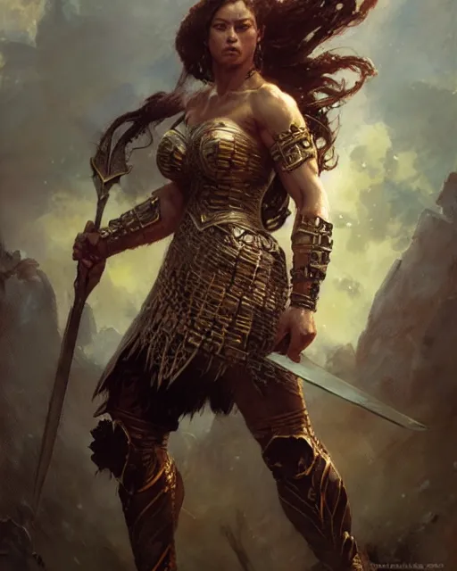 Image similar to a fierce and muscular warrior princess in full armor, fantasy character portrait by greg rutkowski, gaston bussiere, craig mullins, simon bisley