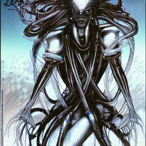 Image similar to an organic replicant by Masamune Shirow and HR Giger, shiny, liminal and strange