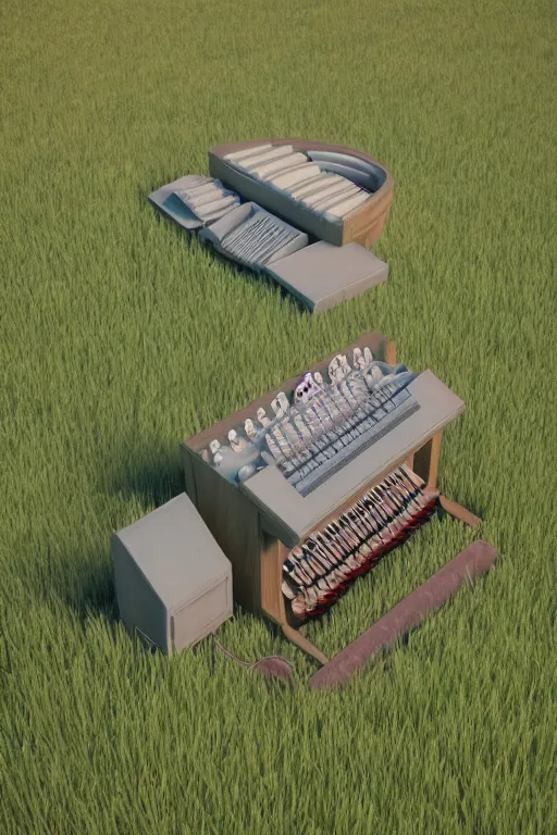 Prompt: a large organ in the middle of a field, trending on artstation, render, 3 d, octane, 4 k, 8 k, unreal engine, cinema 4 d