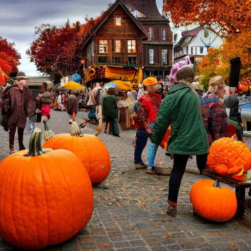 Image similar to pumpkin headed people selling goods at a market in a vermont town square, fall foliage, cobblestone streets, new england colonial buildings, intricate details, sharp focus, digital art, hyper realistic, 4 k, unreal engine, highly detailed, hd, dramatic lighting by brom, based on over the garden wall pottsfield, trending on artstation