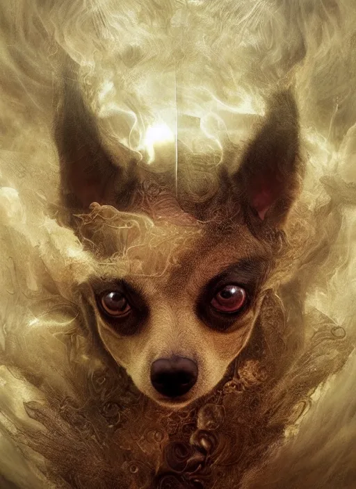 Prompt: doe chihuahua huge ominous glowing brown eyes staring into my soul, perfect eyes, soft pale golden skin, intricate stunning highly detailed, Agostino Arrivabene, Tomasz Strzalkowski, twisted bright lucid dream, 8k portrait render, swirling thick smoke , beautiful lighting, dark fantasy art, cgsociety