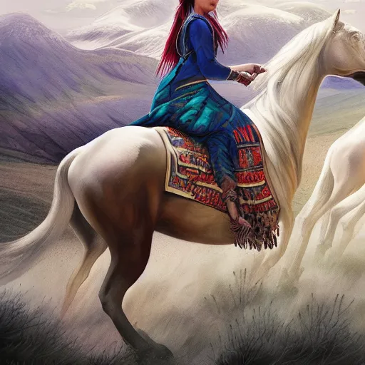 Prompt: a beautiful young kurdish woman riding a beautiufl white horse in the kurdish mountains art by martin ansin, highly detailed, 8 k, high resolution, award winning art, incredibly intricate