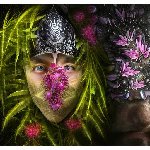 Image similar to a male knight, stern face, clear eyes, shining armour made of steel and flowers, and fractal flowery hair in a fractal garden, glowing delicate flower, berries and ferns that grow in a dark fantasy forest, full frame,