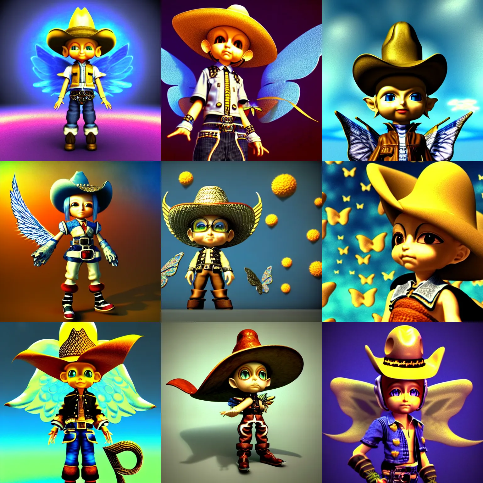 Prompt: vintage cgi 3 d render in the style of micha klein of chibi cyber wizard final fantasy ix by ichiro tanida wearing a big cowboy hat and wearing angel wings against a psychedelic swirly background with 3 d butterflies and 3 d flowers n the style of 1 9 9 0's cg graphics 3 d rendered y 2 k aesthetic by micha klein