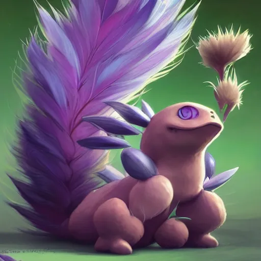 Image similar to a cute beautiful plant type pokemon with happy cute smile, purple feathers grow out of his hair, full body portrait, highly detailed digital art, 3 d perspective, award - winning illustration, aesthetic, smooth, pokemon style, made by greg rutkowski, with an alien landscape in the background