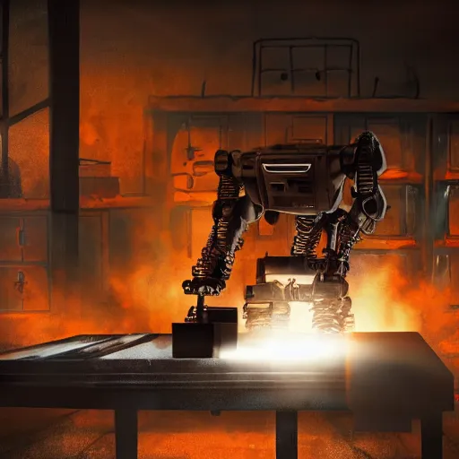 Image similar to toaster oven terminator robot, dark messy smoke - filled cluttered workshop, dark, dramatic lighting, orange tint, sparks, cinematic, highly detailed, sci - fi, futuristic, movie still