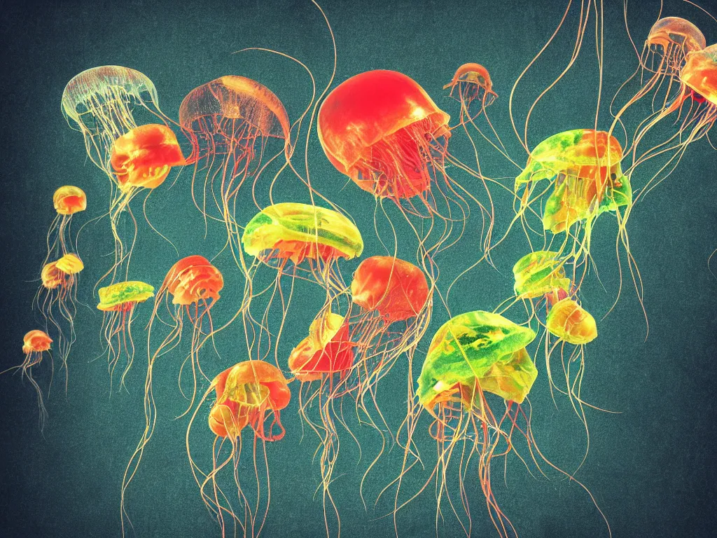 Prompt: side view a group of hamburger mix jellyfish growing form tree branch, 8 k, surrealistic, sharp focus, super resolution, pop art, highly quality penetrating feeling bright light, cg, cyberpunk, pop art, style by andy warhol