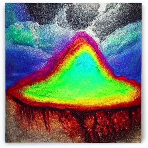 Image similar to the surreal flat painting of an image of a montain dripping rainbow lava artistic by yasemin karabenli