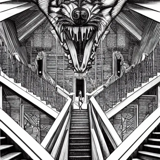 Image similar to a huge howling angry wolf in a huge bright maze of many doorways and lots of stairs, many doorways, inside MC Escher architecture, artstation, Junji Ito, epic composition, detailed background