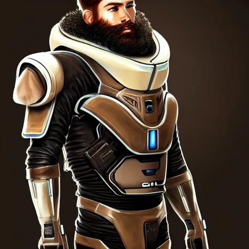 Image similar to Portrait of a man with brown hair and beard in futuristic sci-fi armor, blasters on his belt, digital art, realistic, artstation, detailed