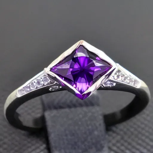 Image similar to a beautiful engagement ring, triangle purple gemstone, made out of shiny silver, high quality, photo realistic, detailed, 8k