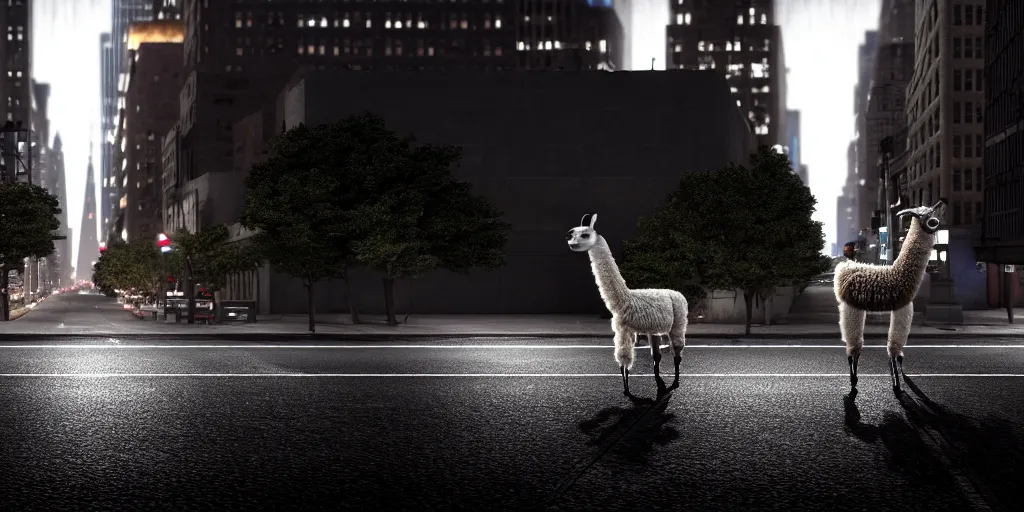 Image similar to a llama walking through a desolate manhattan city street at night, statue of liberty seen in the background, realistic 4 k octane beautifully detailed render, 4 k post - processing, highly detailed, detailed face, intricate complexity, epic composition, magical atmosphere, cinematic lighting, masterpiece, color picture, ultra hd