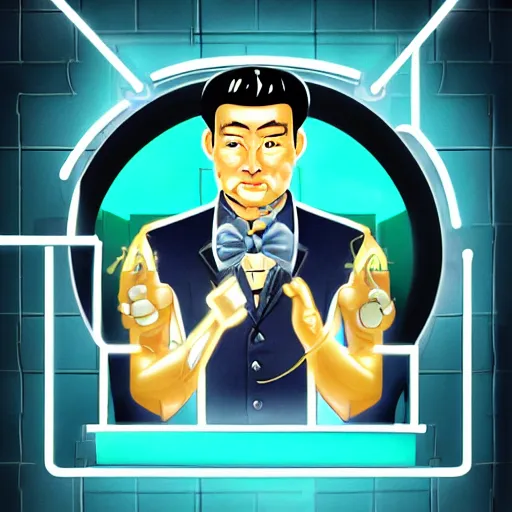 Prompt: portrait of a male bartender, chinese, cyborg, muscular, slick black hair, robotic arms, navy mao suit, light blue ascot, monocle, in a bar lit by gold and silver neon lights, john singer sargeant