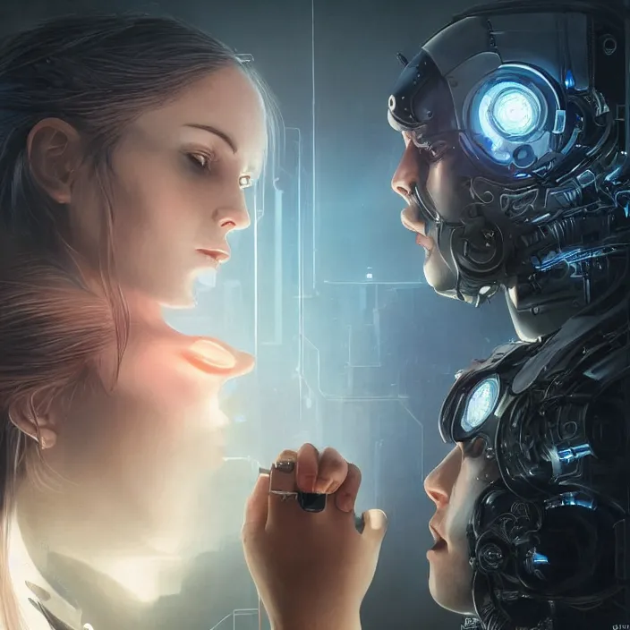 Image similar to ultra realistic medium shot of a couple of cyborgs kissing, lovers, cyberpunk, sci - fi, fantasy, kodak, colour led, soft light, volumetric lighting, night, intricate, highly detailed, digital painting, concept art, smooth, sharp focus, illustration, art by artgerm and greg rutkowski and alphonse mucha