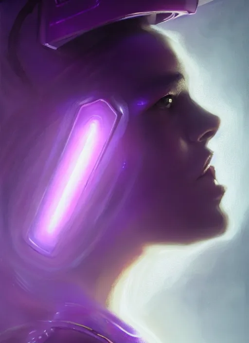 Image similar to top down lighting, close up, stunning portrait of a woman in purple leather sci - fi armor with a long black ponytail, purple eyes, spaceship hallways, intricate, fog, mist, god rays, spotlights, highly detailed, digital painting, artstation, concept art, smooth, sharp focus, illustration, art by wlop, mars ravelo and greg rutkowski