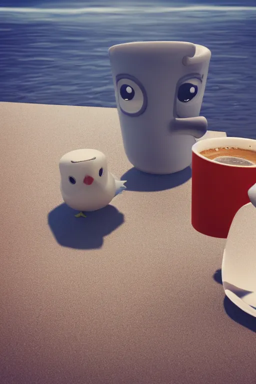 Image similar to Seagull Pixar character drinking a cup of coffee in the beach, Up movie style, 3d render