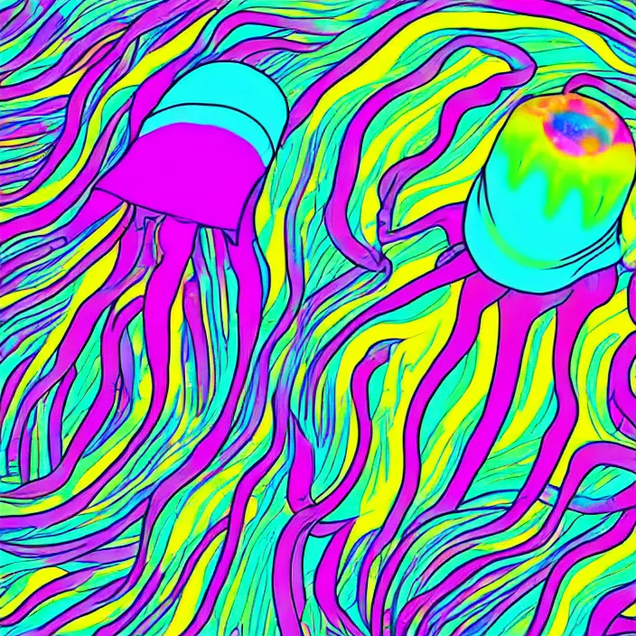 Prompt: psychedelic colored jellyfish, bright neon colors, digital art