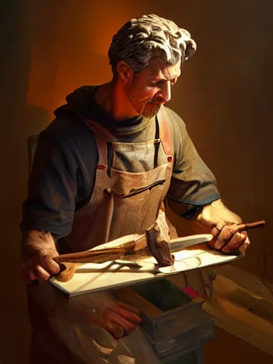 Prompt: a man, sculptor, sculpting in mable at in his art studio. holding tools charismatic, bold. intricate, elegant, highly detailed, digital painting, artstation, cinematic shot, concept art, sharp focus, illustration, by justin gerard and artgerm 8 k