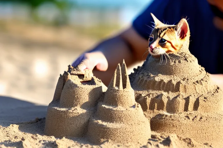 Prompt: a kitten touching a completed sand castle
