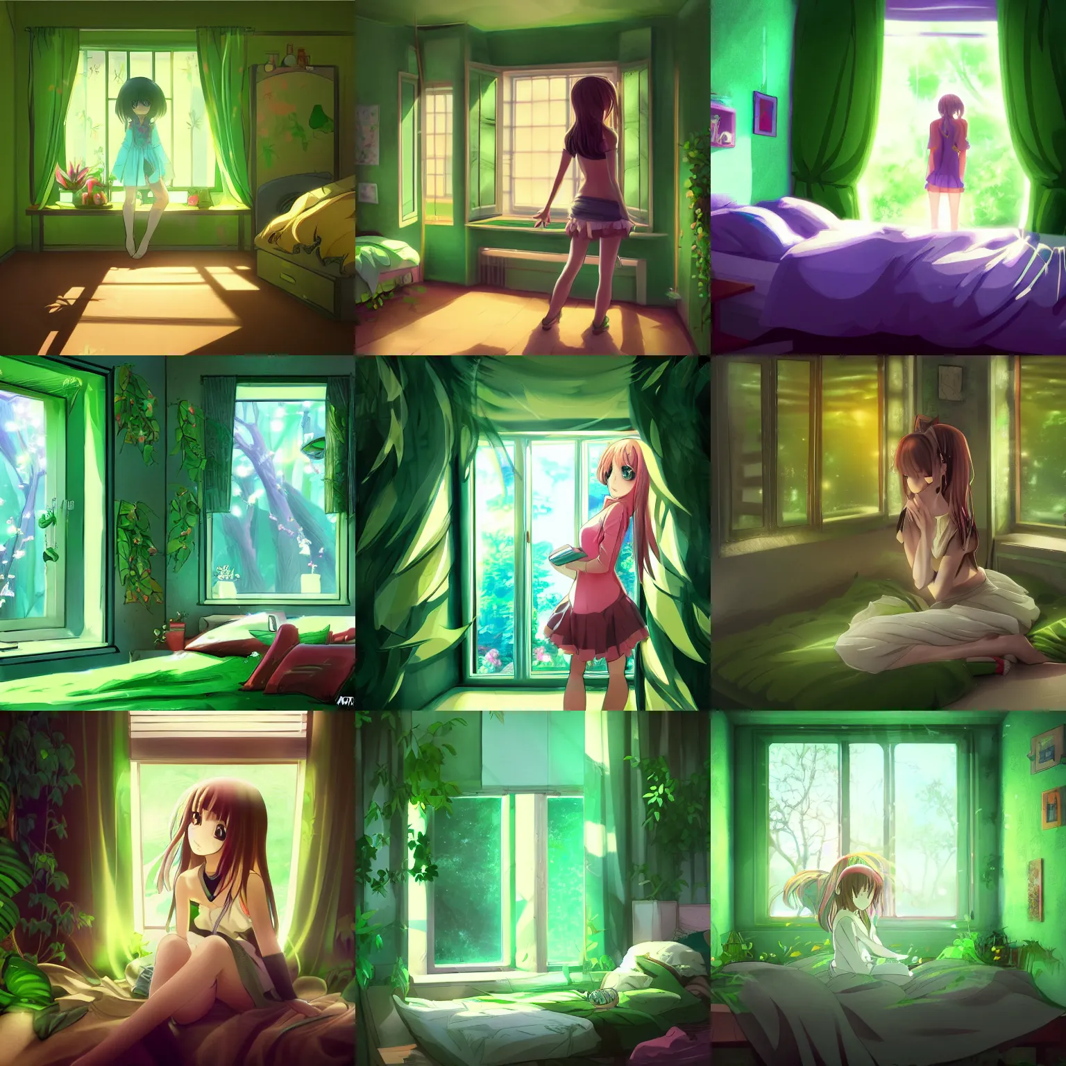 Prompt: anime background of a girl ’ s room, strong lighting, green decorated, lighting on leaves, focus on window, medium shot, concept art, by artstation artist.