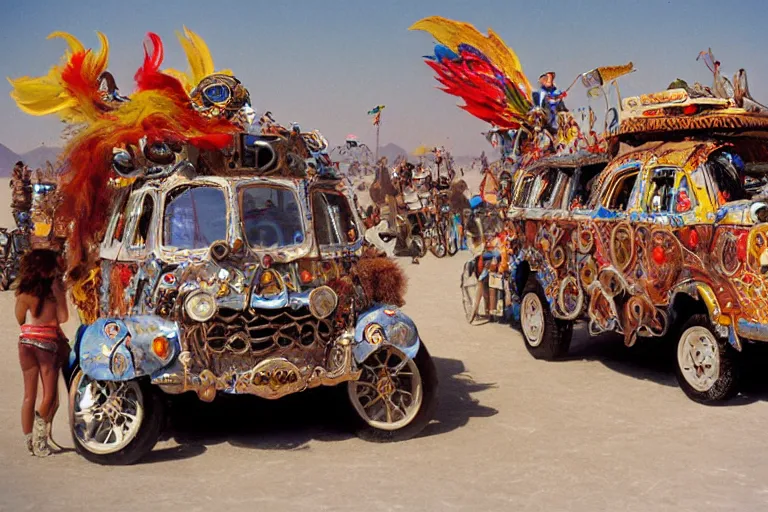 Image similar to creative fanciful Art Cars of BurningMan on the Playa, Kodachrome, photorealistic, detailed with colorful people,