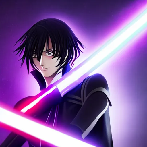 Image similar to Lelouch Lamperouge holding a lightsaber, mysterious man, octane 8k, aesthetic cyberpunk, lightsaber duel, veautiful reflections, octane render, purple lightsaber, fighting stance, beautiful man face