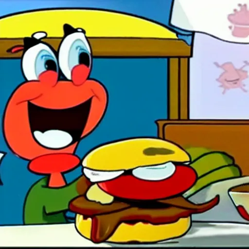 Image similar to mr. krabs eating a krabby patty