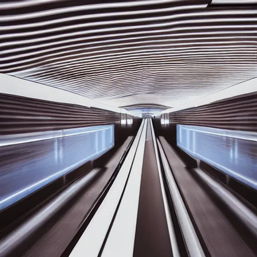 Image similar to approaching futuristic escalator inside white back glossy lit tube with streaming beams of light, building anticipation, scintillating, movement, pastel gradients, 8 k, highly detailed, professional photograph, epic composition, modern details