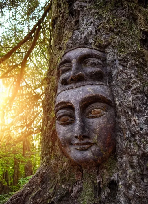 Image similar to photograph of hyperrealistic hyperdetailed ancient face in a tree covered with bark and moss, dark mysterious forest at sunset