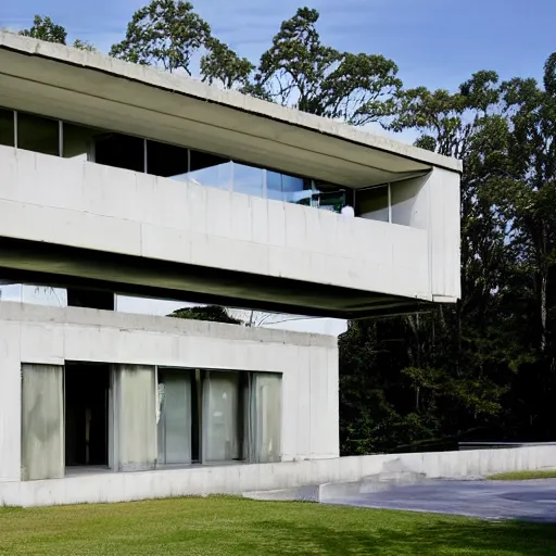 Image similar to second story elevated white brutalist home perched atop 2 equidistant separated large piers, double cantilevered design, large windows, elegant, white stone, proportion, golden ratio, epic composition, steel window mullions, cars parked underneath