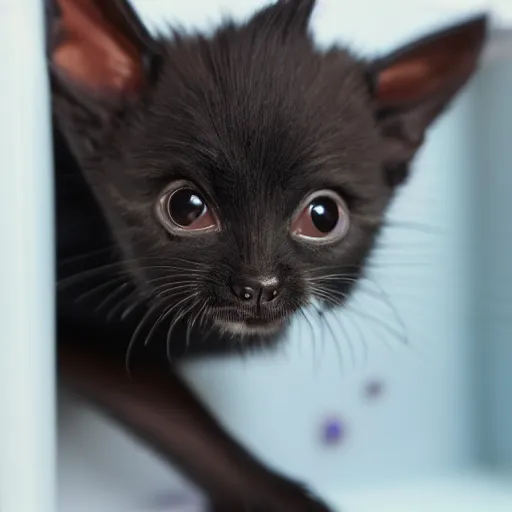 Image similar to a bat kitten, sitting in front of a fridge, photo taken by a nikon, very detailed, 4k