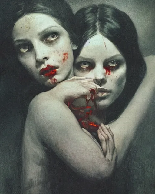 Prompt: a beautiful and eerie baroque painting of two beautiful but creepy siblings in layers of fear, with haunted eyes and dark hair, 1 9 7 0 s, seventies, wallpaper, a little blood, morning light showing injuries, delicate embellishments, painterly, offset printing technique, by brom, robert henri, walter popp