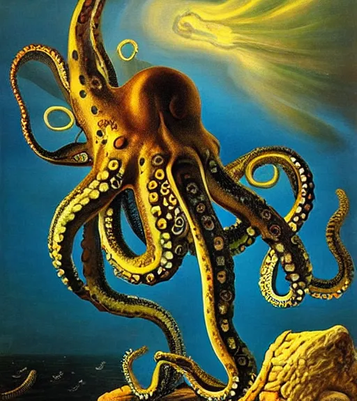 Image similar to a cybernetic realistic octopus giving a lecture at 9pm in Cap de Creus, detailed oil painting by Salvador Dali