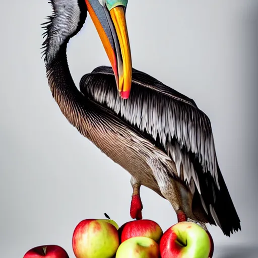 Image similar to pelican named reginald eating a apple with worms coming out of the spine of the apple, studio photography, beautiful lighting