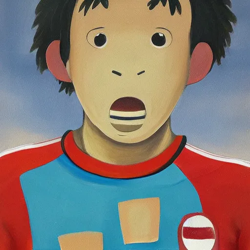 Image similar to a painting portrait of humanoid hot dogs in arsenal jersey, studio ghibli,