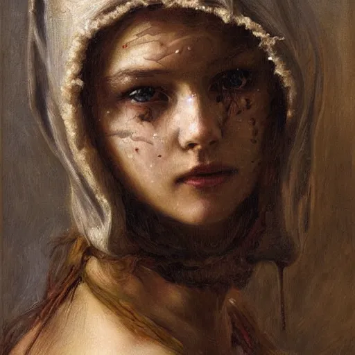 Image similar to portrait of a girl covered in scars wearing a black hood, extremely detailed painting by gaston bussiere and j. c. leyendecker 8 k