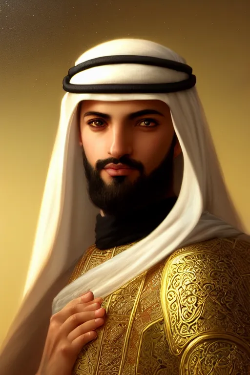 Image similar to a portrait of a arabian male prince, illustration, soft lighting, soft details, painting oil on canvas by Edmund Blair Leighton and Charlie Bowater octane render trending on artstation d&d characters, 4k, 8k, HD