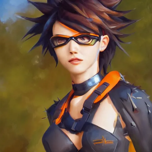 Prompt: oil painting of tracer overwatch in a field wearing spiked collar around neck, in style of raymond swanland, expressive face, wearing choker, steel collar, steel choker, wearing collar on neck, detailed face, detailed eyes, full body, feminine face, tracer overwatch,