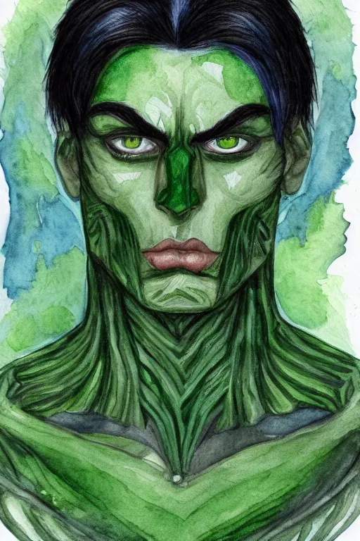 Image similar to green man with prominent cheekbones, deep dimples, and strong jawline. blue eyes, green skin, black hair with white streaks. fantasy portrait illustration, watercolor and colored pencils.