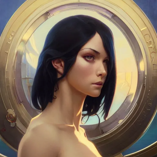 Image similar to highly detailed vfx portrait of nico robin, stephen bliss, greg rutkowski, loish, rhads, beeple, makoto shinkai, tom bagshaw, alphonse mucha, sharp focus, art by artgerm and greg rutkowski, stanley kubrick, backlit, harsh overhead sunlight,