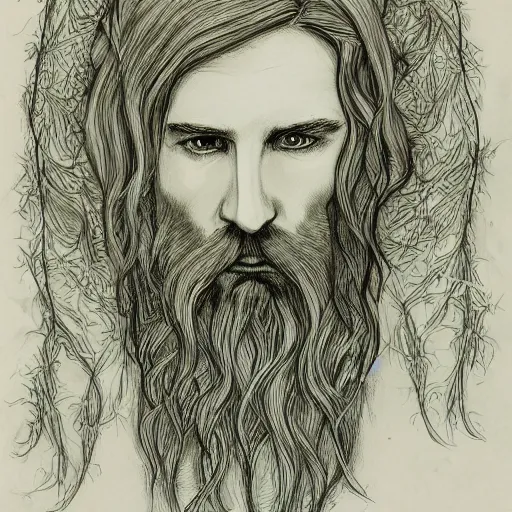 Prompt: bearded male druid gray skin pointy ears with vines as hair detailed drawing tolkien