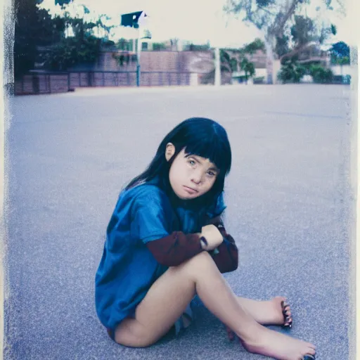 Image similar to a potrait of a girl who sitdown infront of a big school, blueish, kodak 4 0 0, photorealistic style, 8 k