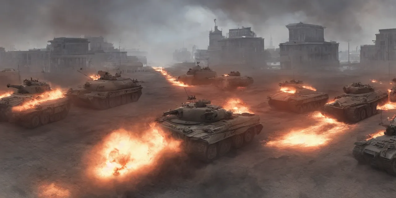 Image similar to tanks burning city, army, china, communist flag, volumetric lighting, unreal engine, realistic