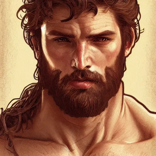 Prompt: portrait of a rugged ranger, muscular, upper body, hairy torso, D&D, fantasy, intricate, elegant, highly detailed, digital painting, artstation, concept art, smooth, sharp focus, illustration, art by alphonse mucha