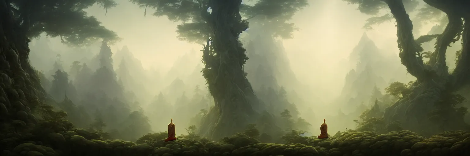 Image similar to Mysterious beautiful Buddhist forest, matte painting by Peter Mohrbacher, featured in artstation, octane render, cinematic, elegant, intricate, 8k