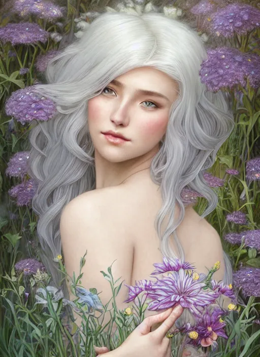 Image similar to highly detailed ilustration of a beautiful white haired woman as a fairy princess in a garden holding a bunch of wild flowers, deep focus, d & d, fantasy, intricate, elegant, highly detailed, digital painting, artstation, concept art, matte, sharp focus, illustration, hearthstone, art by artgerm and greg rutkowski and alphonse mucha and marco mazzoni